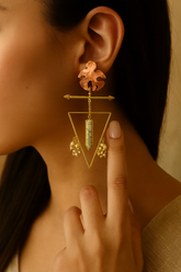 BOHO TRIBAL TRIANGLE  EARRINGS WITH CRYSTAL DROP & PEARLS
